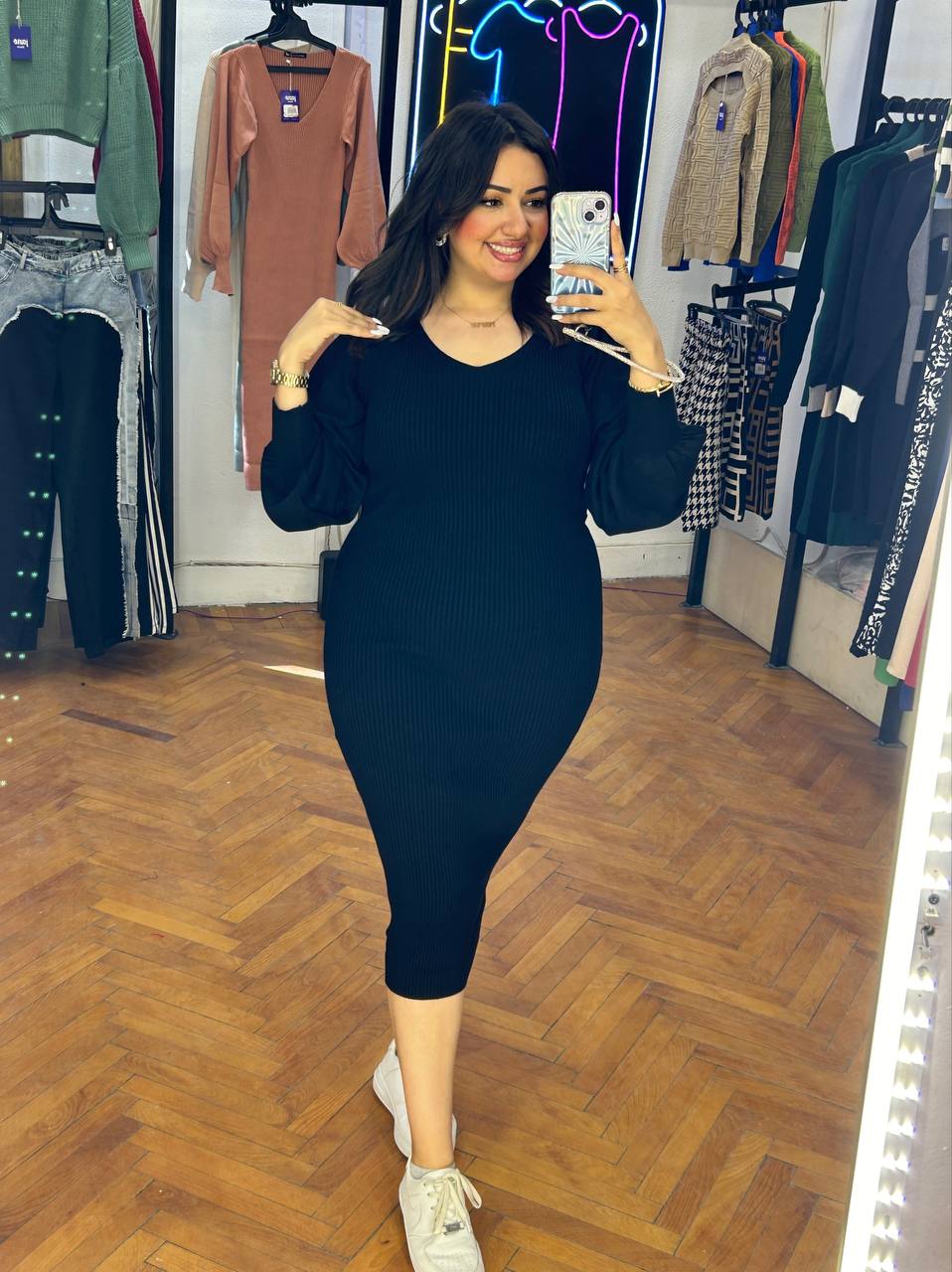 midi puffy shoulder knitted dress