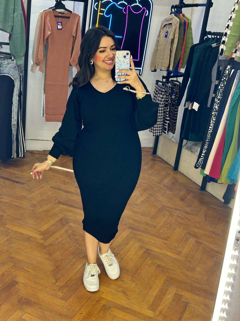 midi puffy shoulder knitted dress