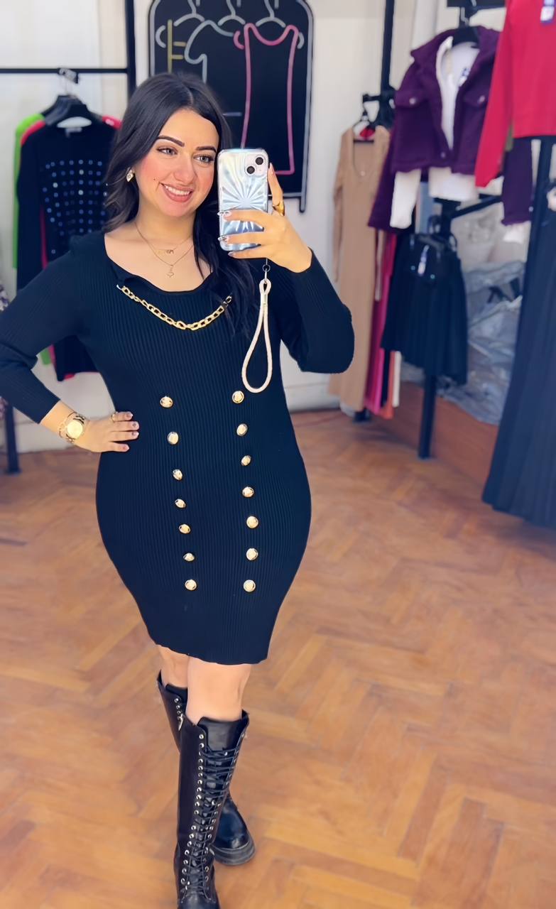 Gold button knitting dress