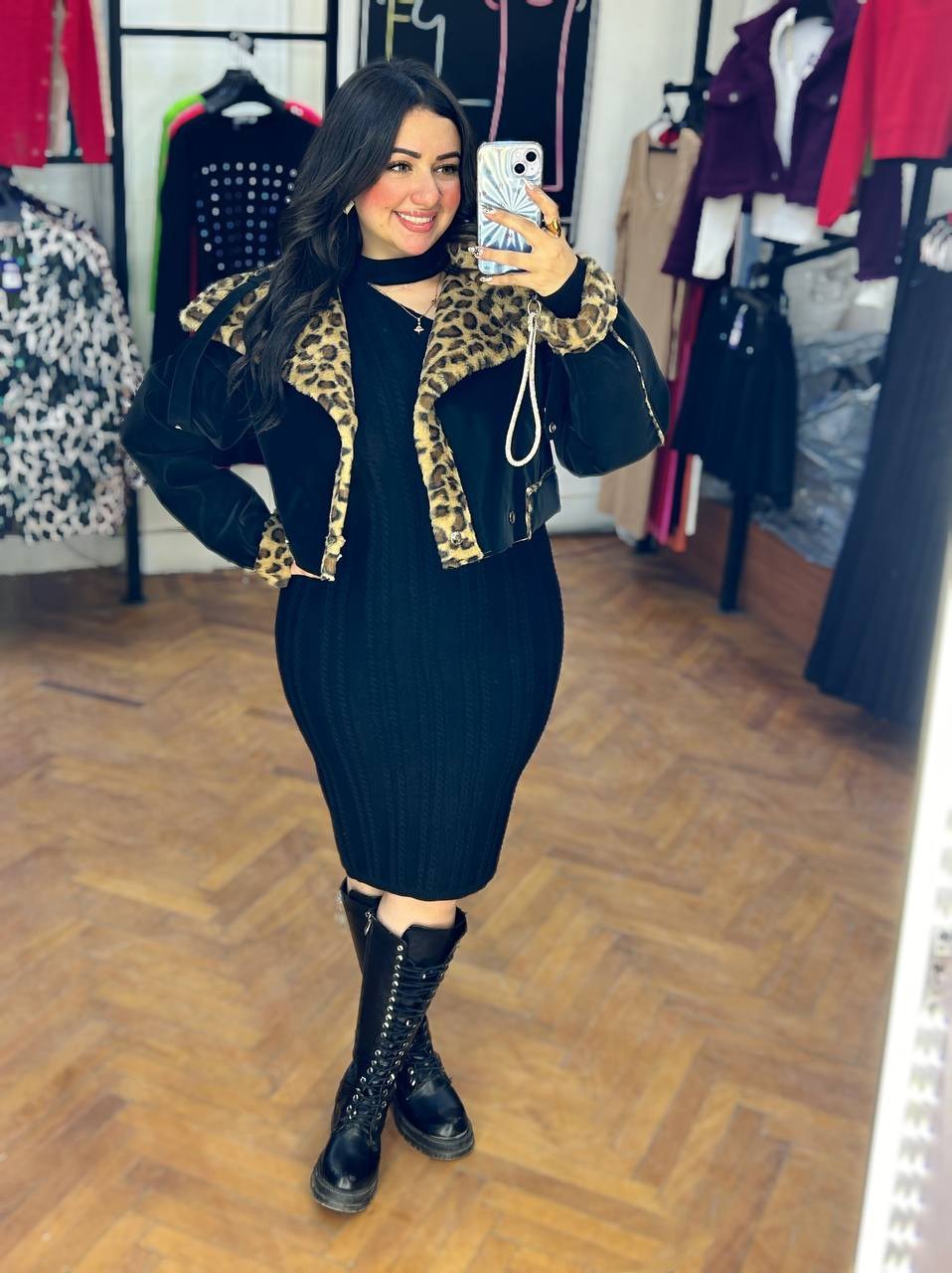 Stylish cropped black jacket with leopard print details