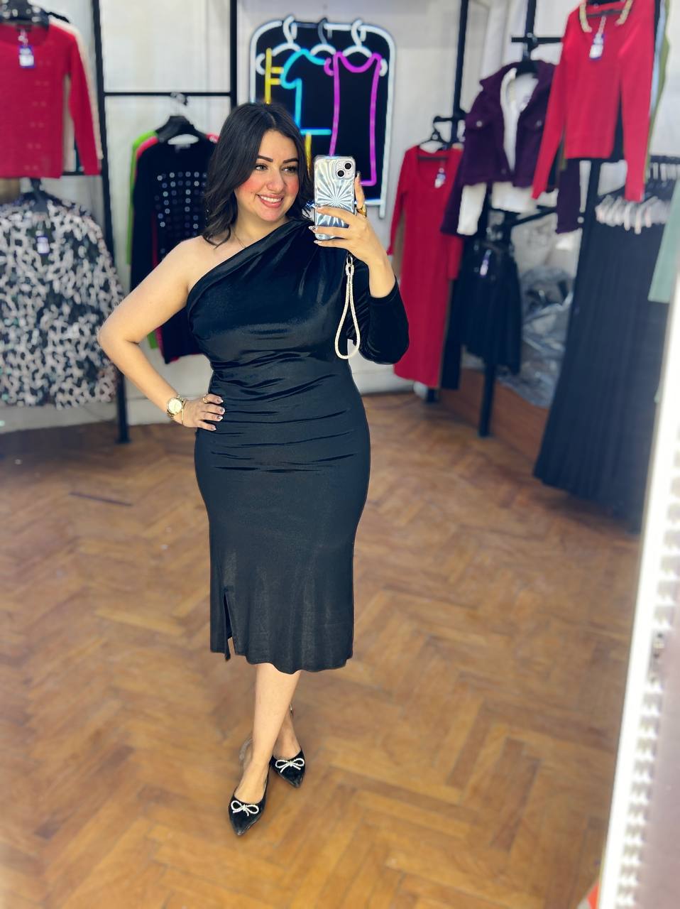 Velvet off-shoulder dress with a luxurious texture