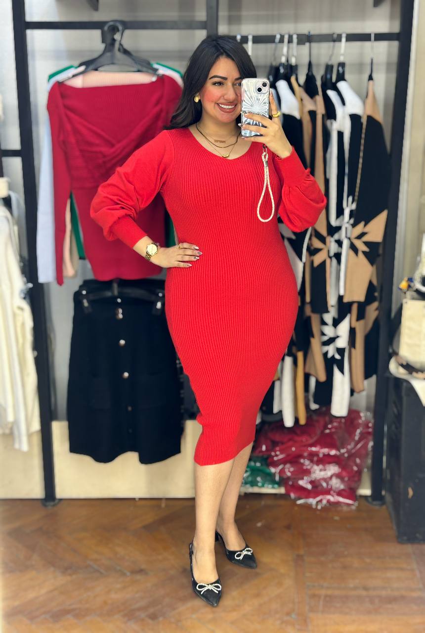 midi puffy shoulder knitted dress