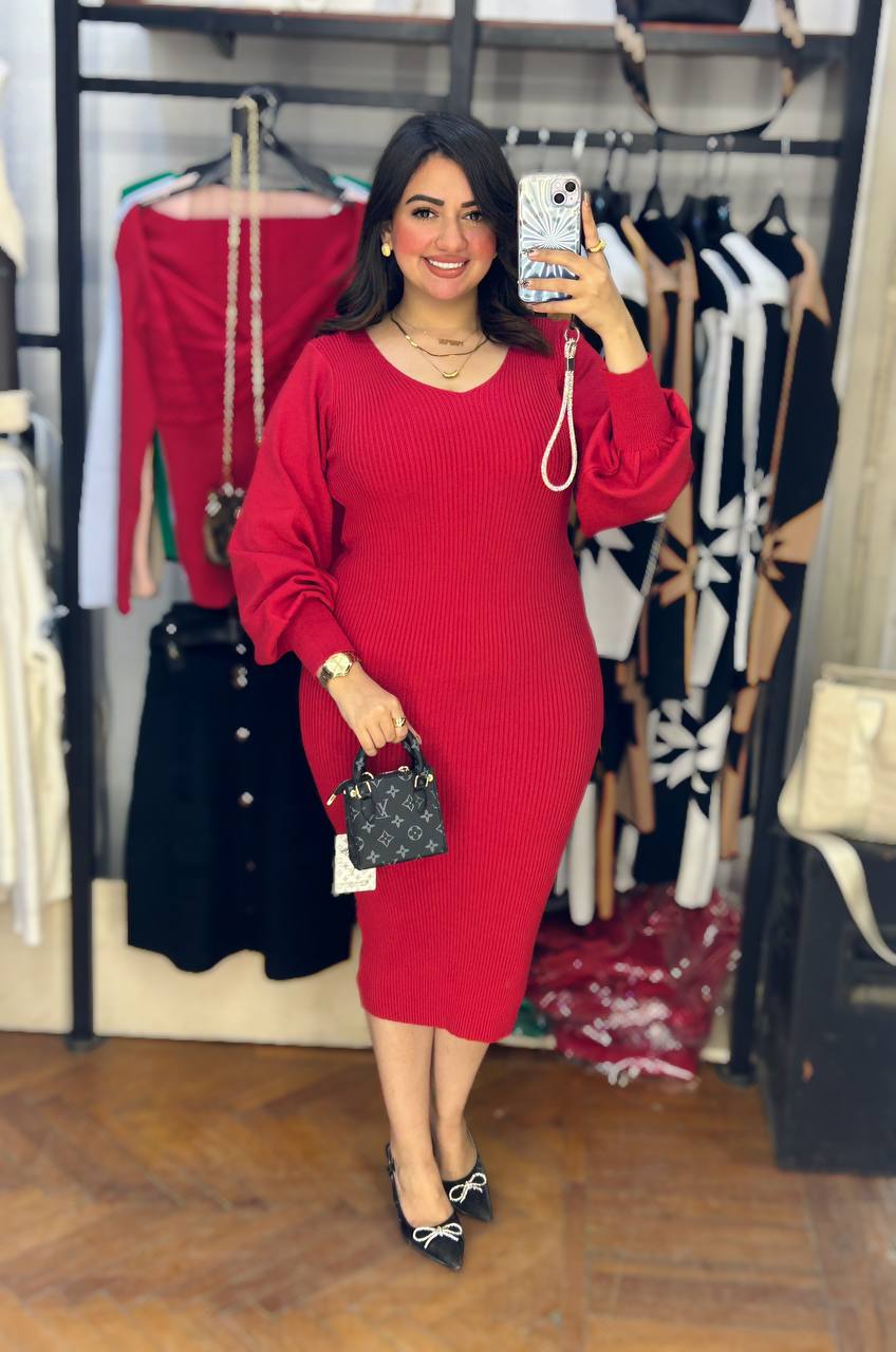 midi puffy shoulder knitted dress