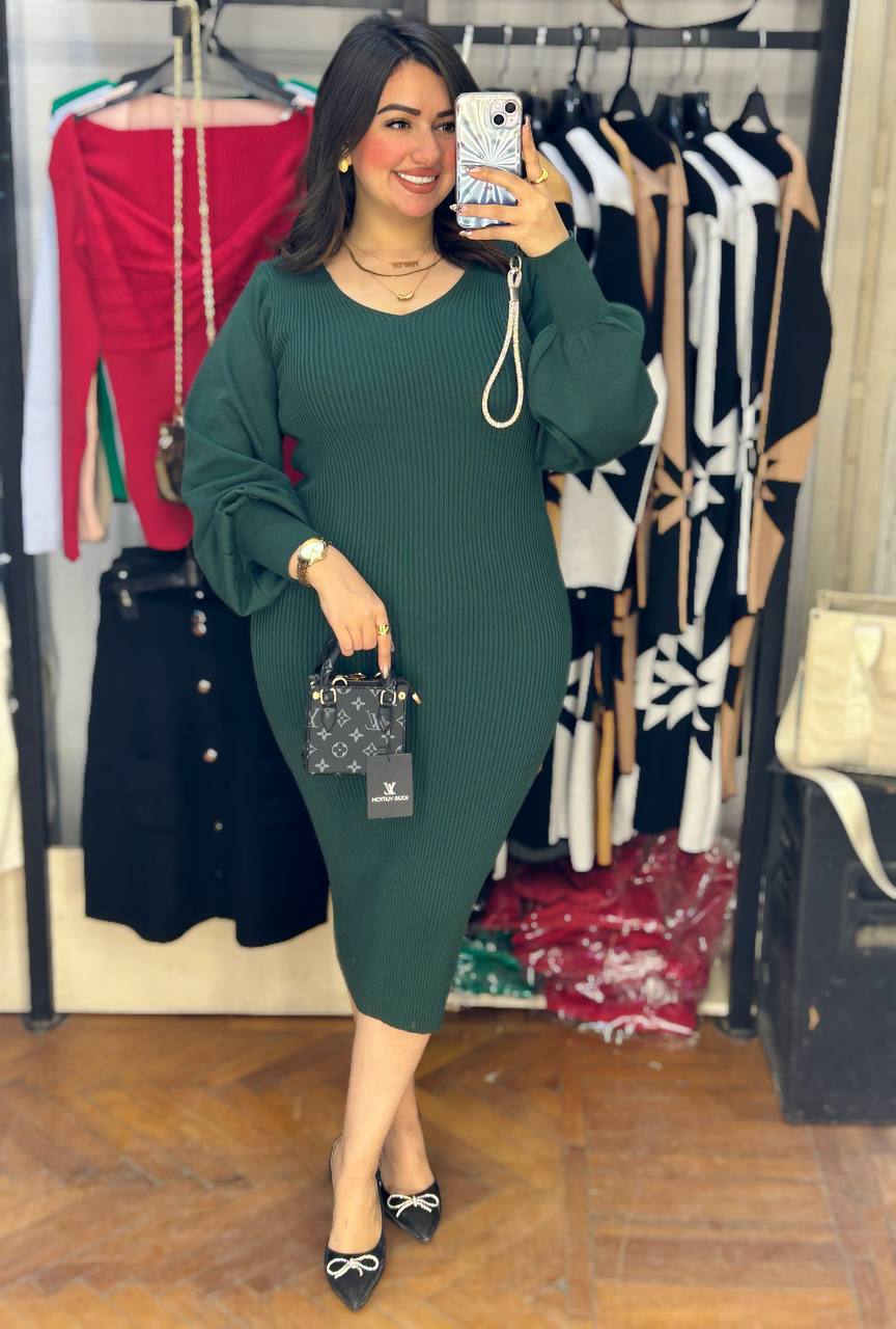midi puffy shoulder knitted dress