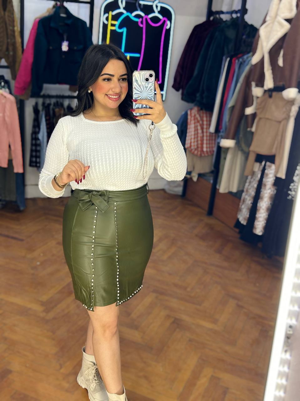 silver button leather skirt