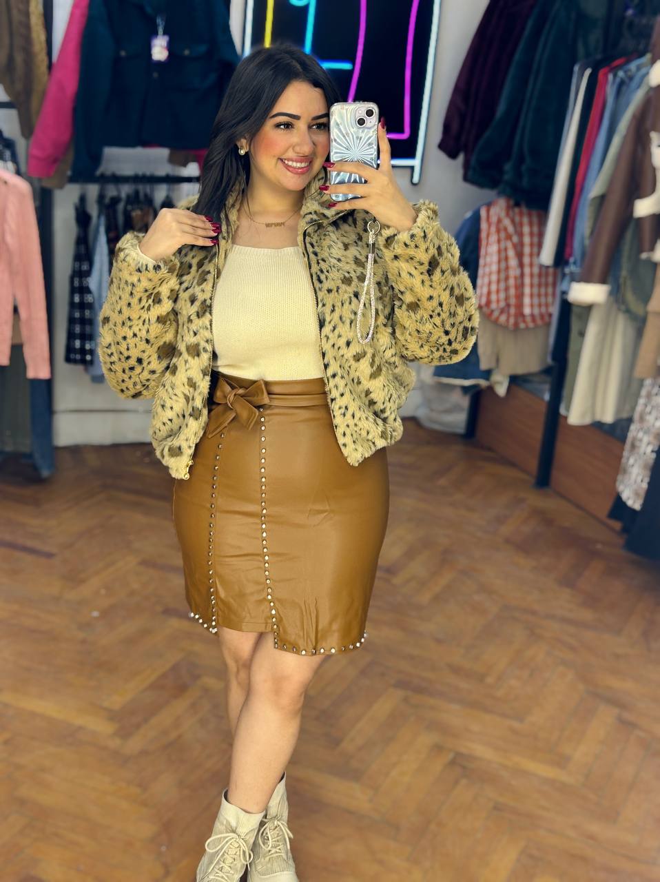 silver button leather skirt