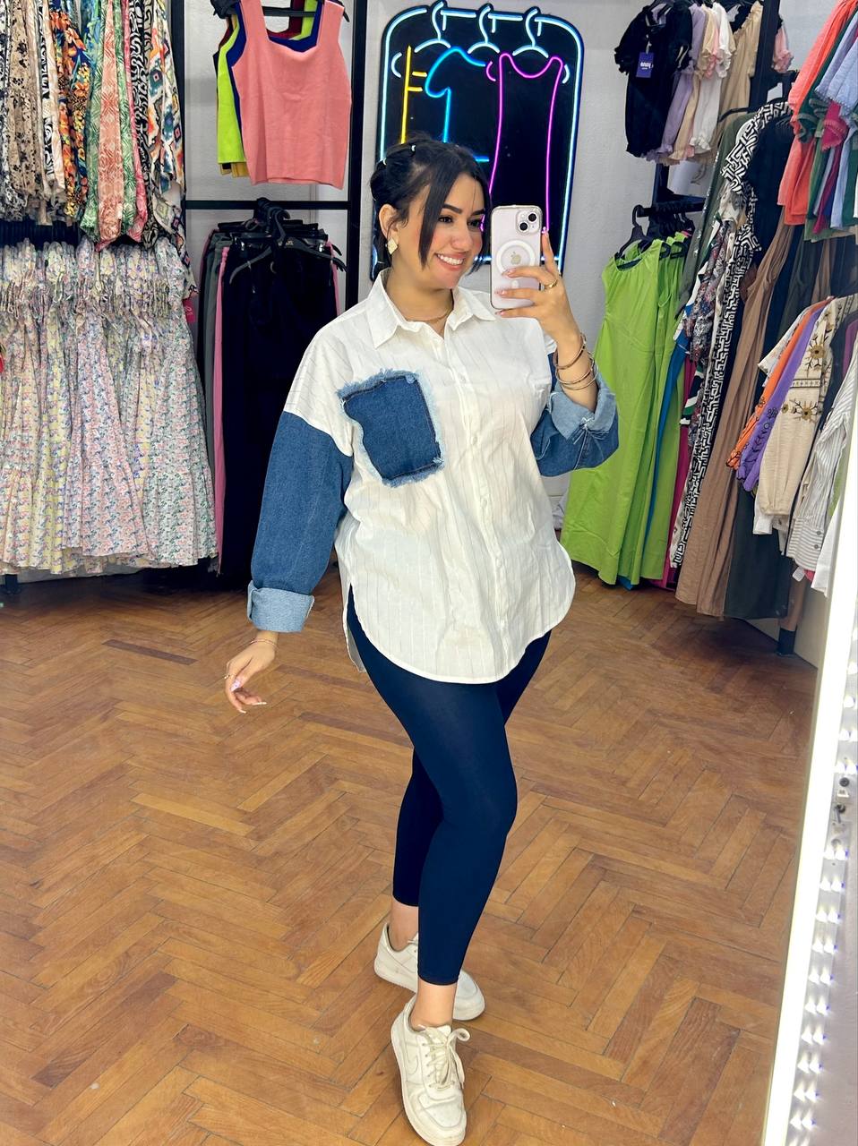 shirt featuring denim sleeves!