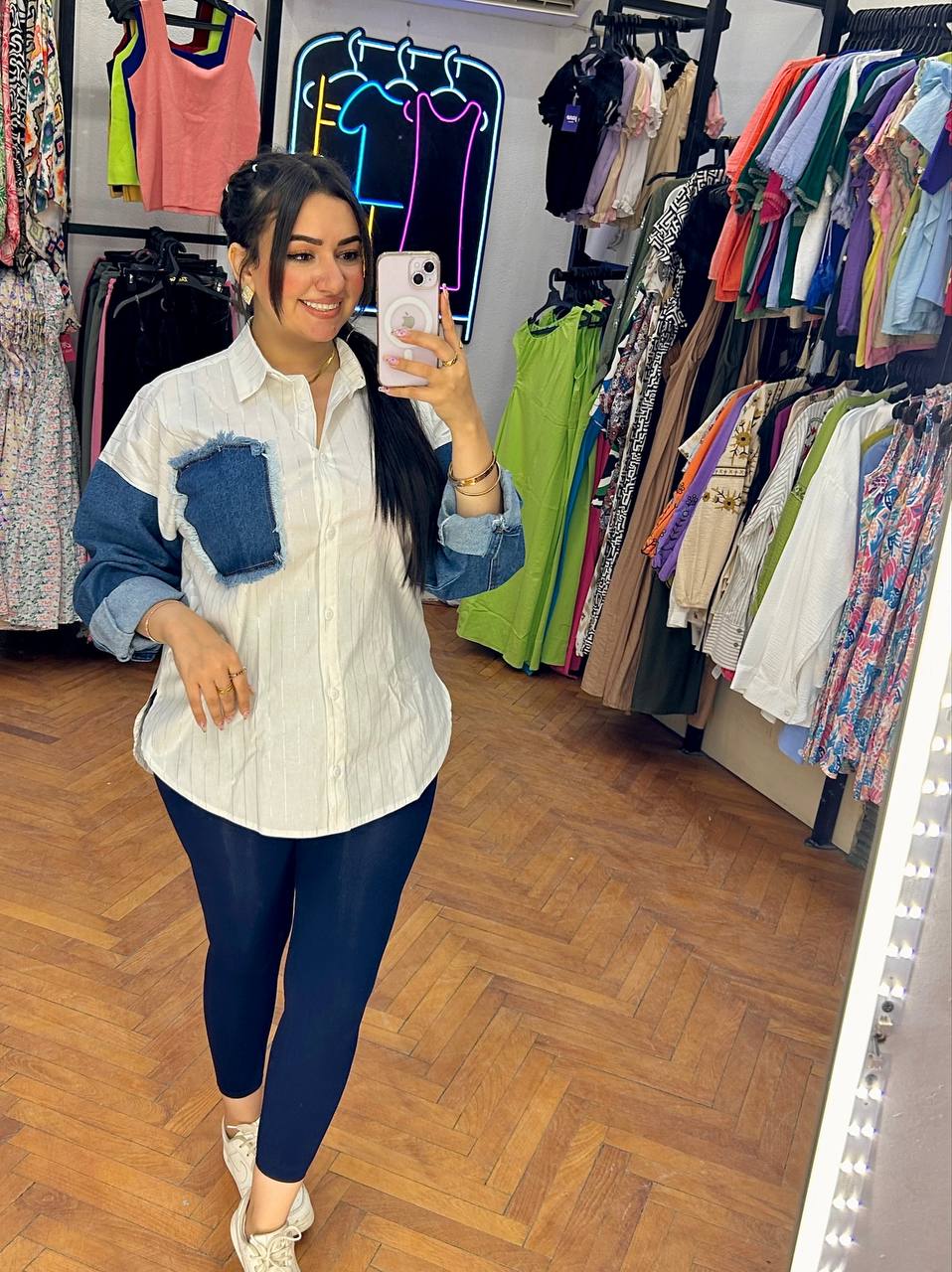 shirt featuring denim sleeves!