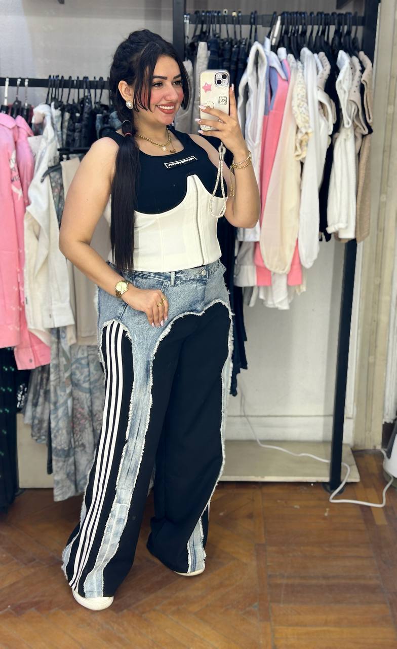 Striped Wide-Leg Denim Pants