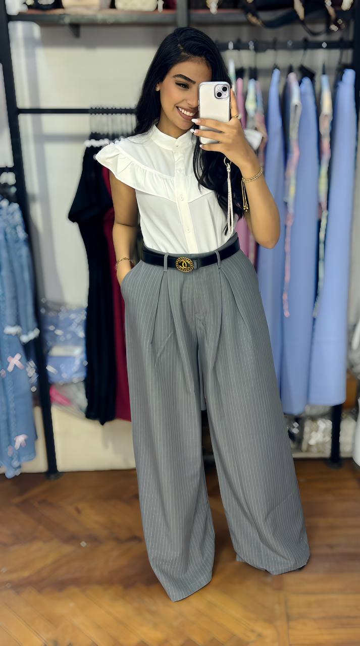 Striped High-Waisted Wide-Leg Formal Pants
