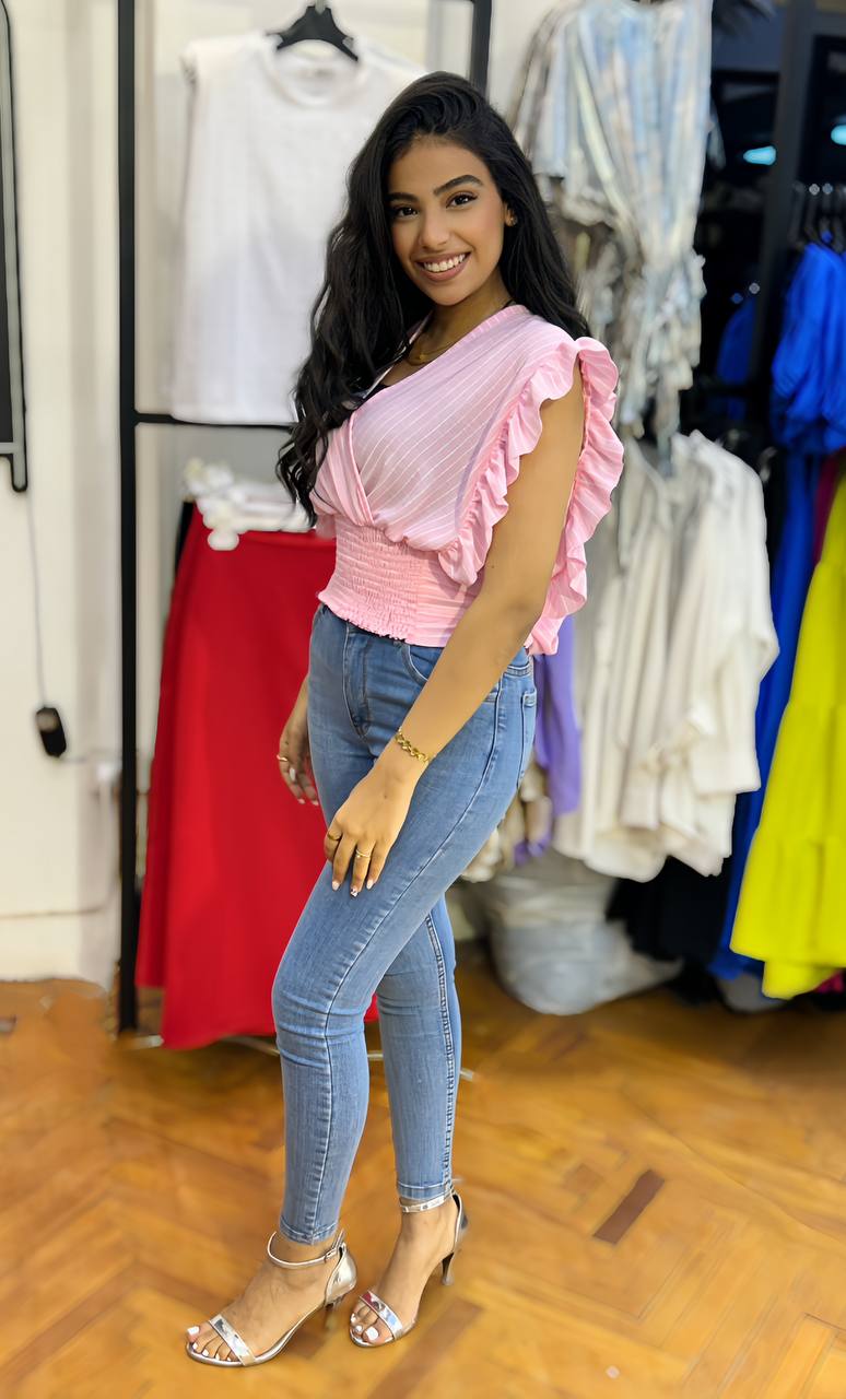 Striped Ruffle Sleeve Smocked Waist Blouse