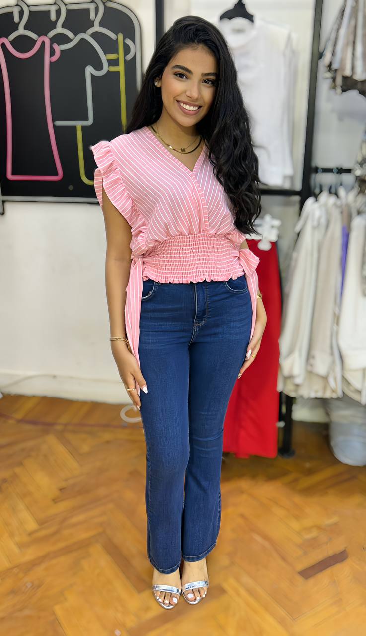 Striped Ruffle Sleeve Smocked Waist Blouse