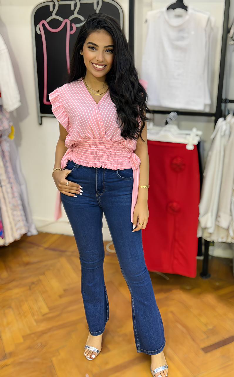 Striped Ruffle Sleeve Smocked Waist Blouse