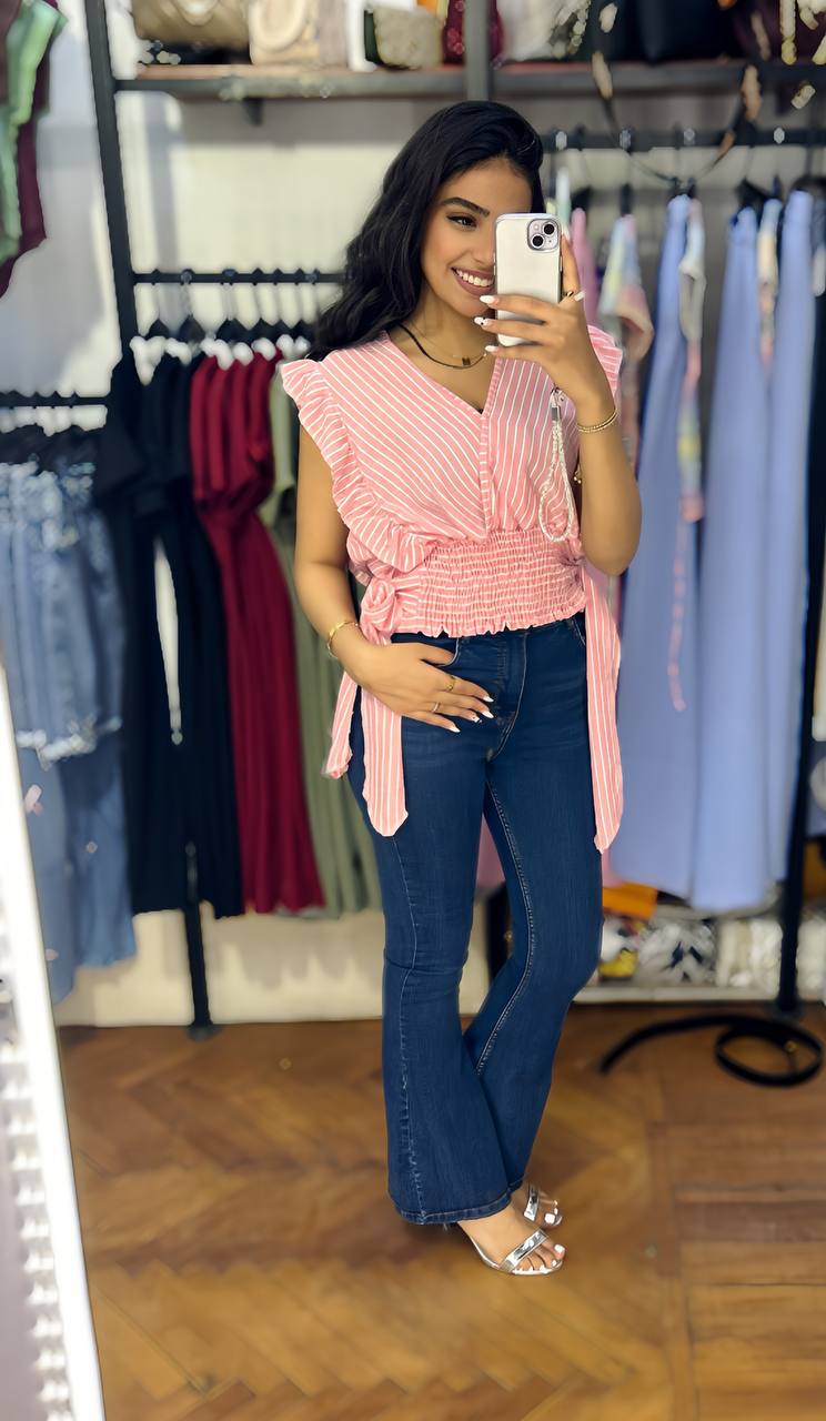 Striped Ruffle Sleeve Smocked Waist Blouse