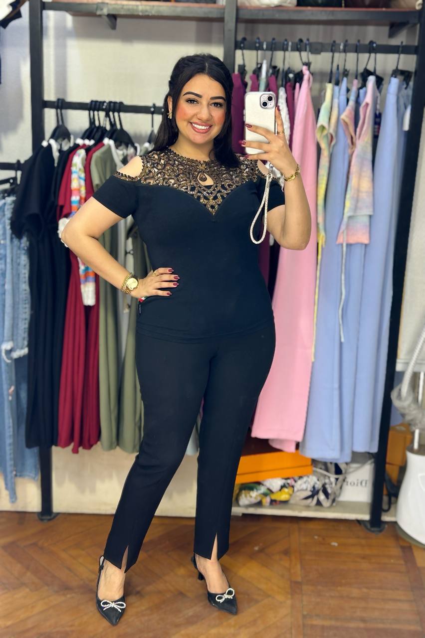Shiny Embroidery Shoulder Blouse
