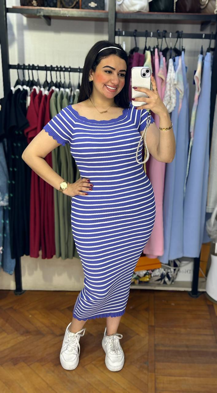 Half-Sleeves Striped Dress