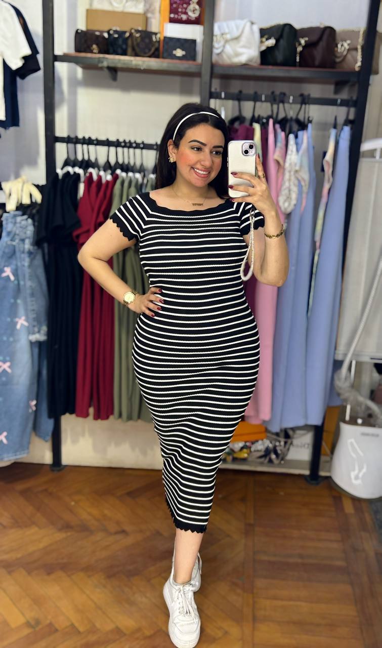 Half-Sleeves Striped Dress