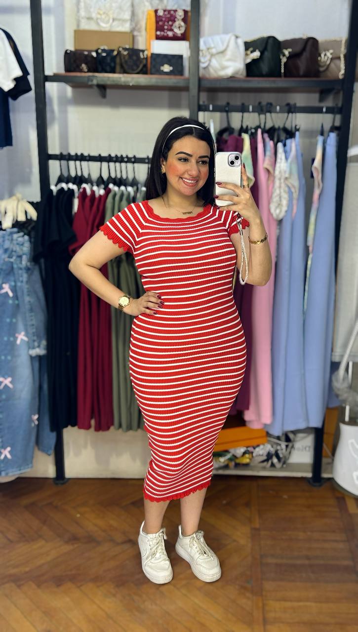Half-Sleeves Striped Dress