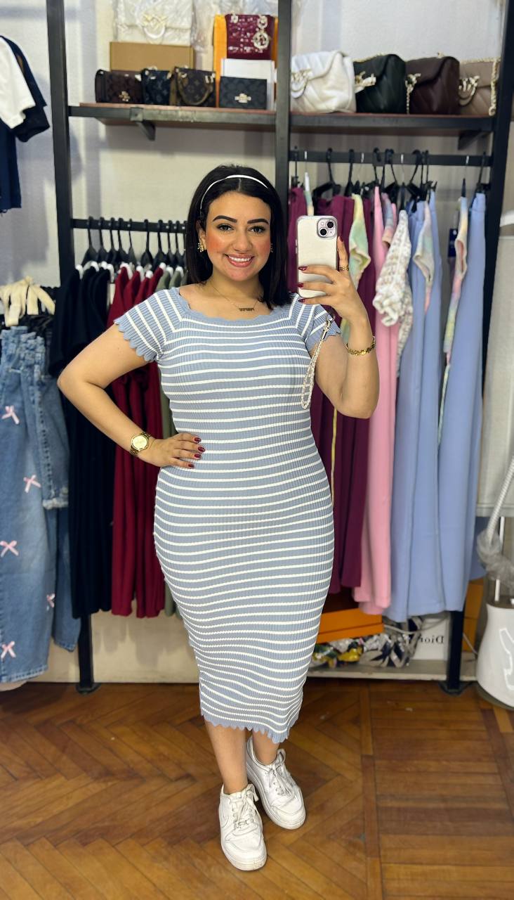 Half-Sleeves Striped Dress