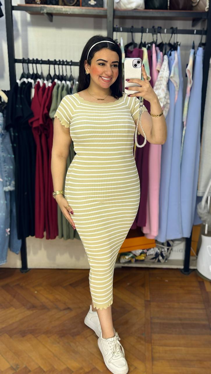 Half-Sleeves Striped Dress