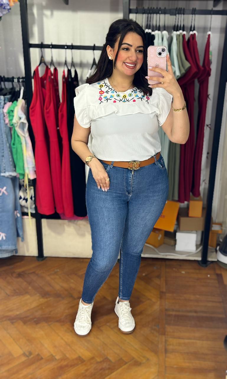 Ruffled Embroidered Floral Blouse