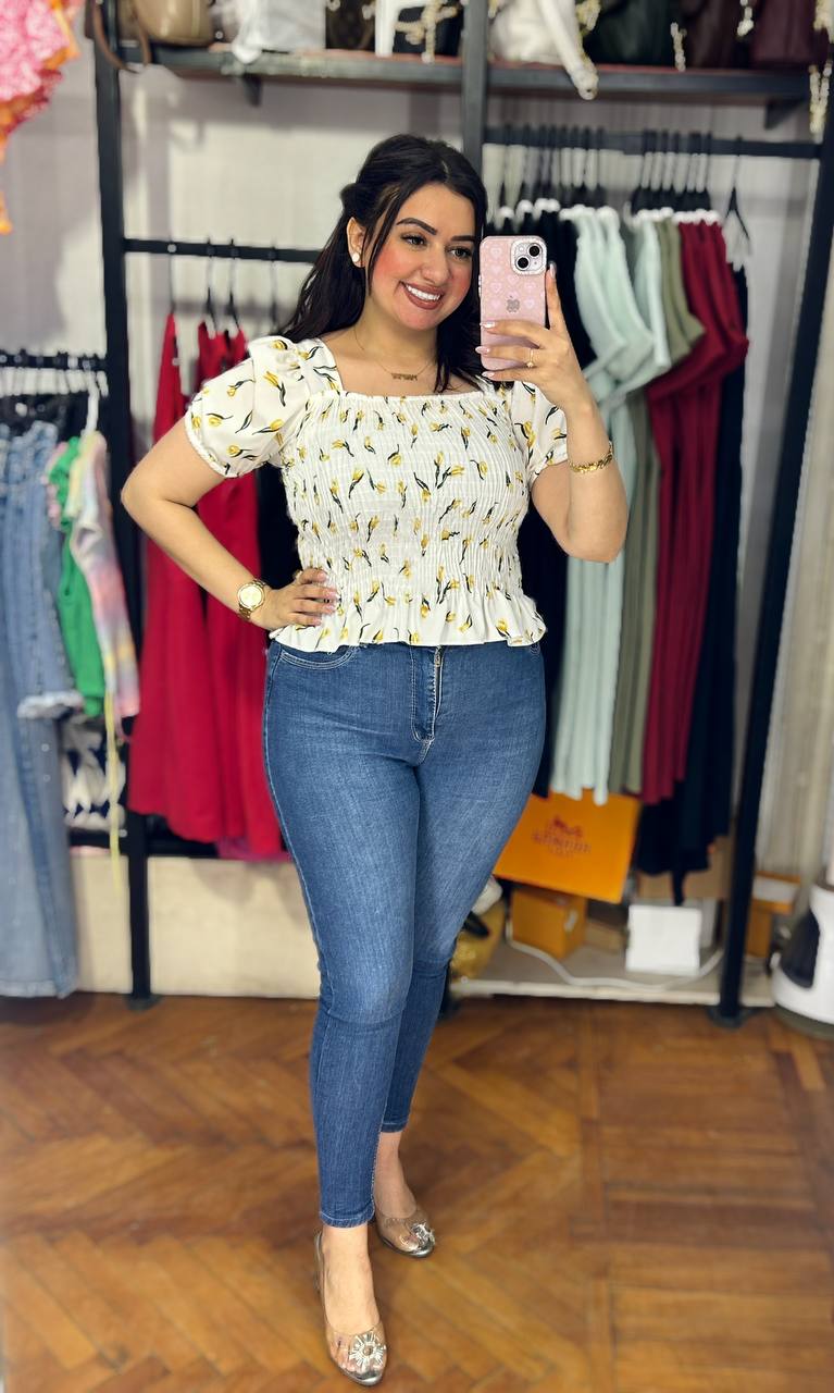Smocked Square‑Neck Floral Blouse