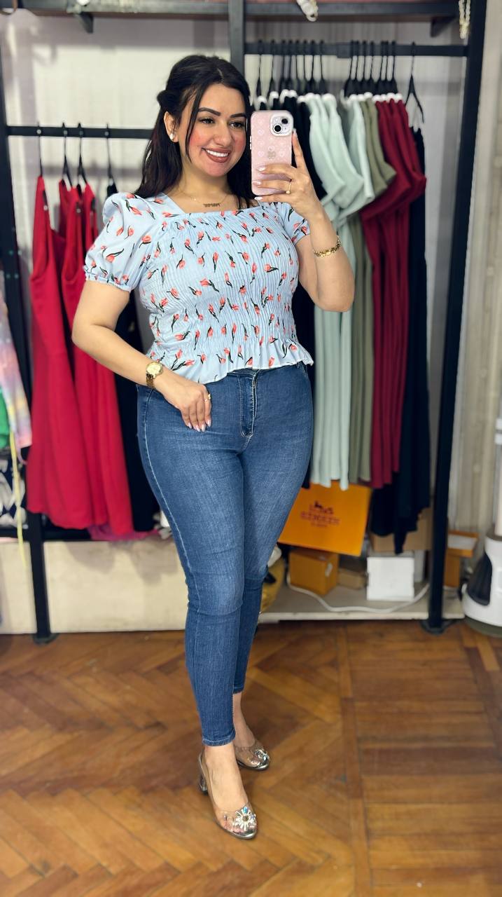 Smocked Square‑Neck Floral Blouse