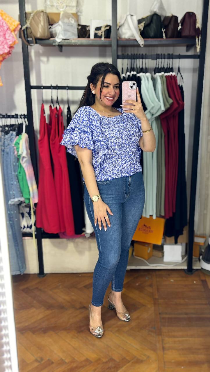 Smocked Floral Top with Ruffled Sleeves