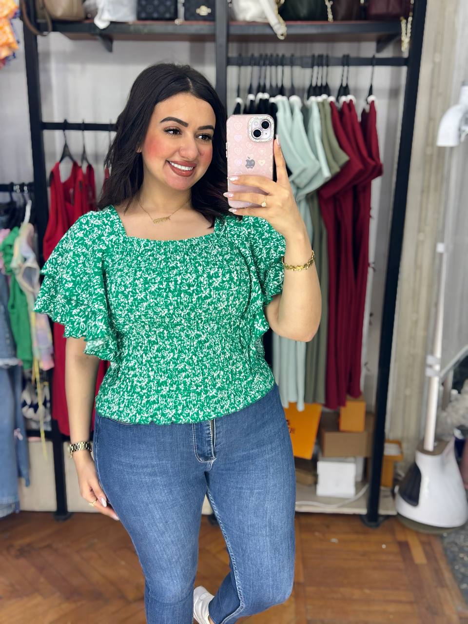 Smocked Floral Top with Ruffled Sleeves