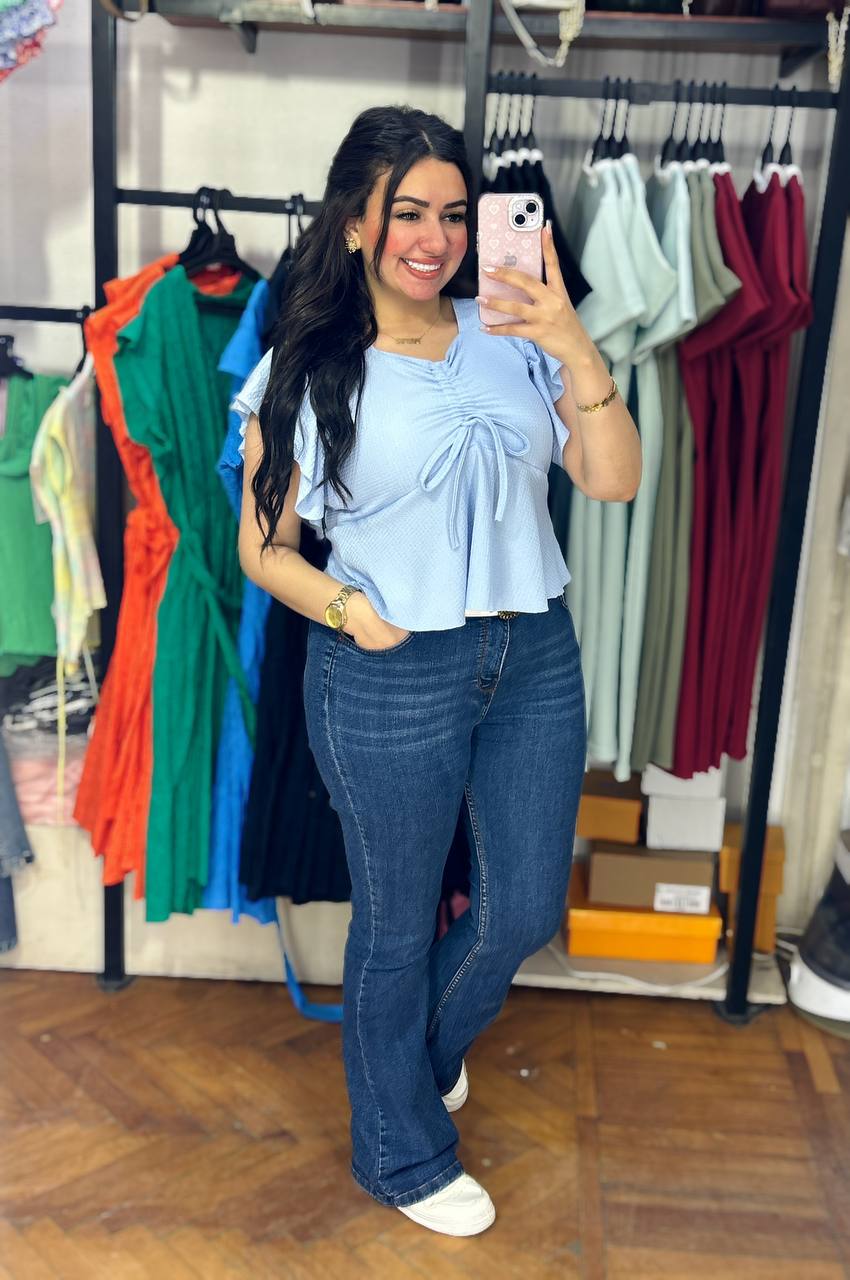Ruffle Sleeve Textured Blouse with Front Tie