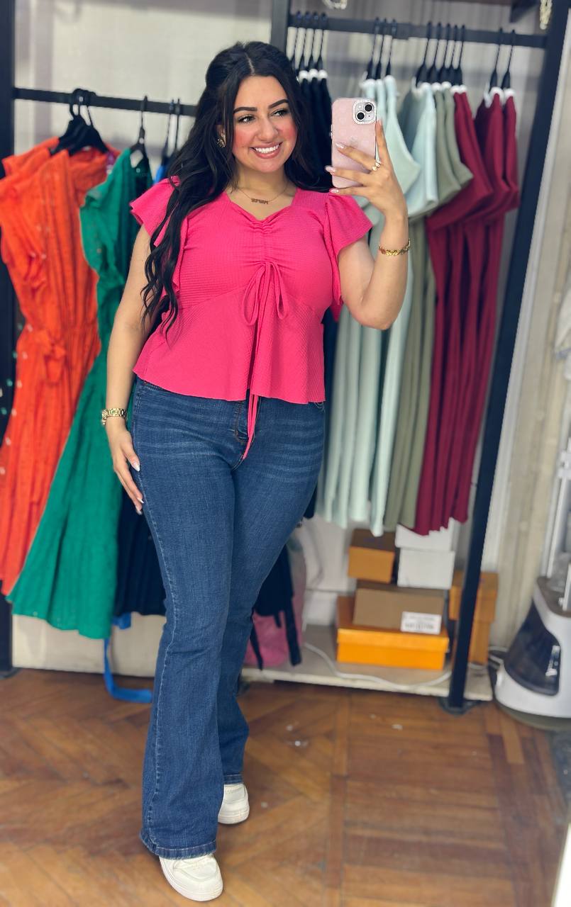 Ruffle Sleeve Textured Blouse with Front Tie