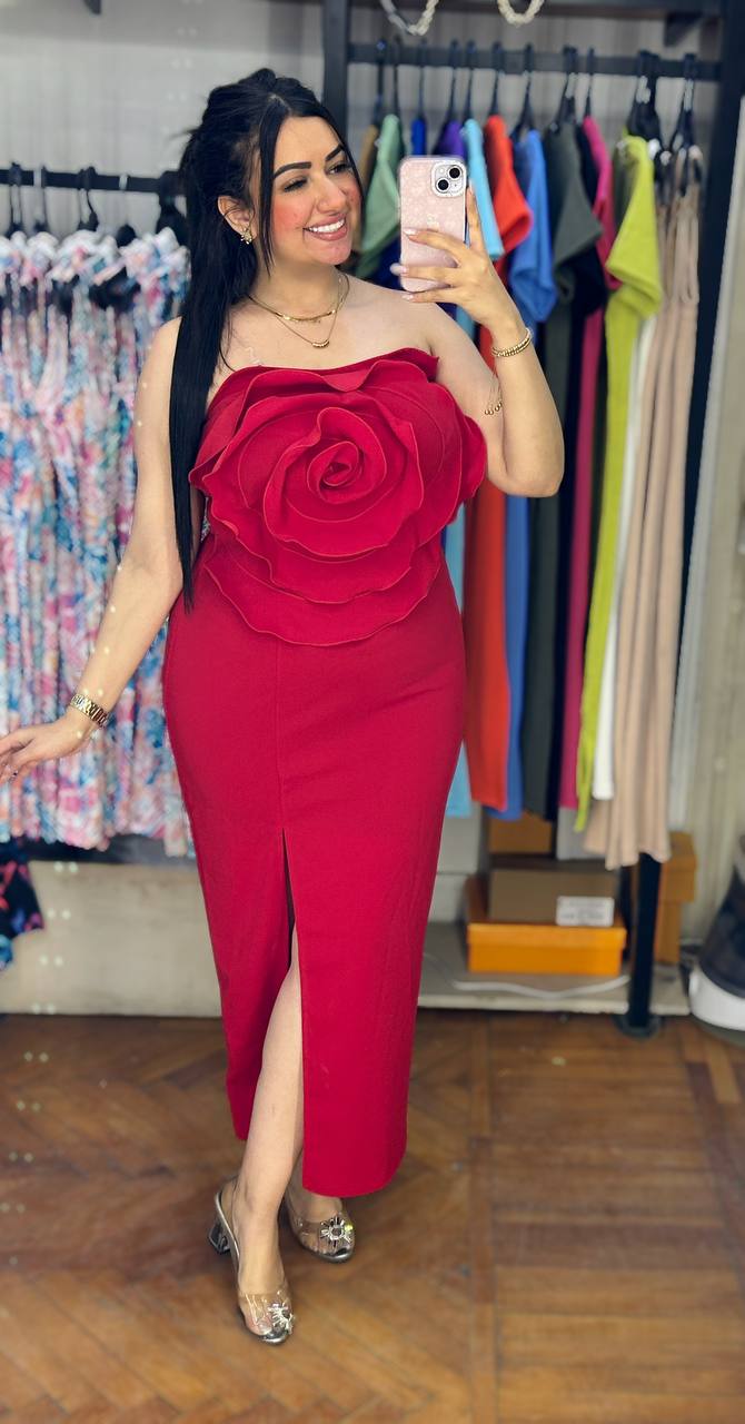 Bold Rose Statement Strapless Dress