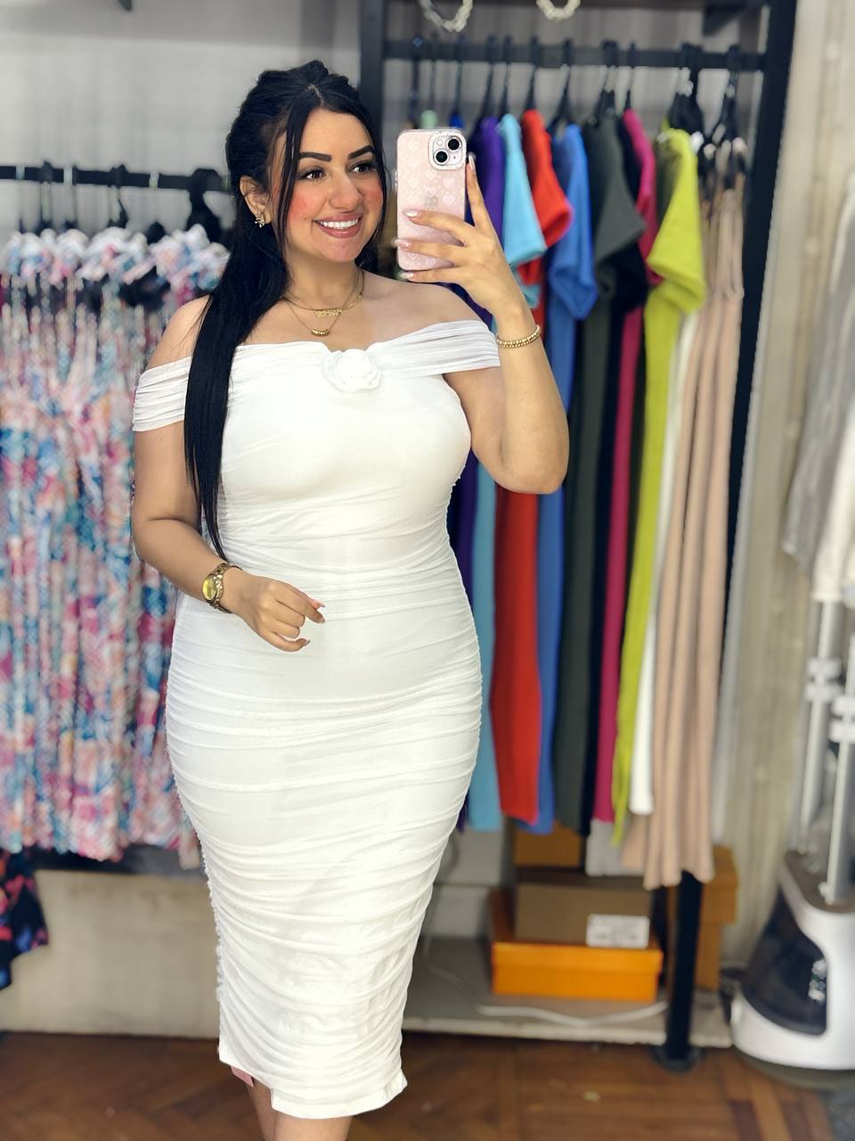 Off-Shoulder Rose Detail Ruched Bodycon Dress