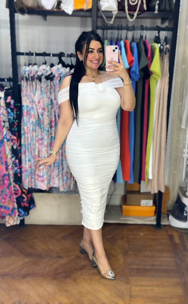 Off-Shoulder Rose Detail Ruched Bodycon Dress