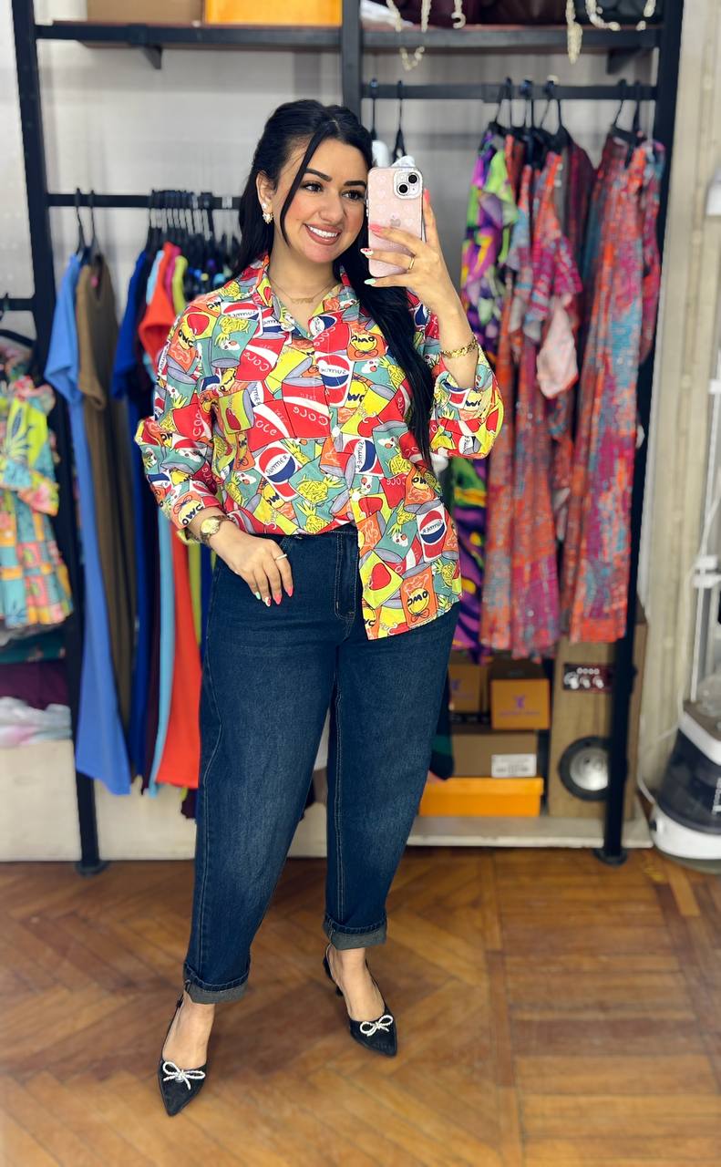 Tropical Fruit & Beverage Graphic Button‑Down Shirt