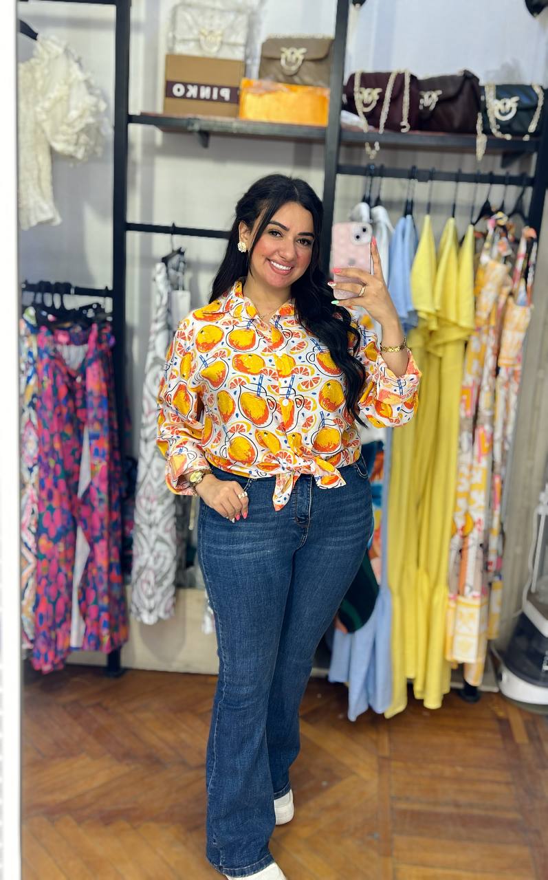 Tropical Fruit & Beverage Graphic Button‑Down Shirt
