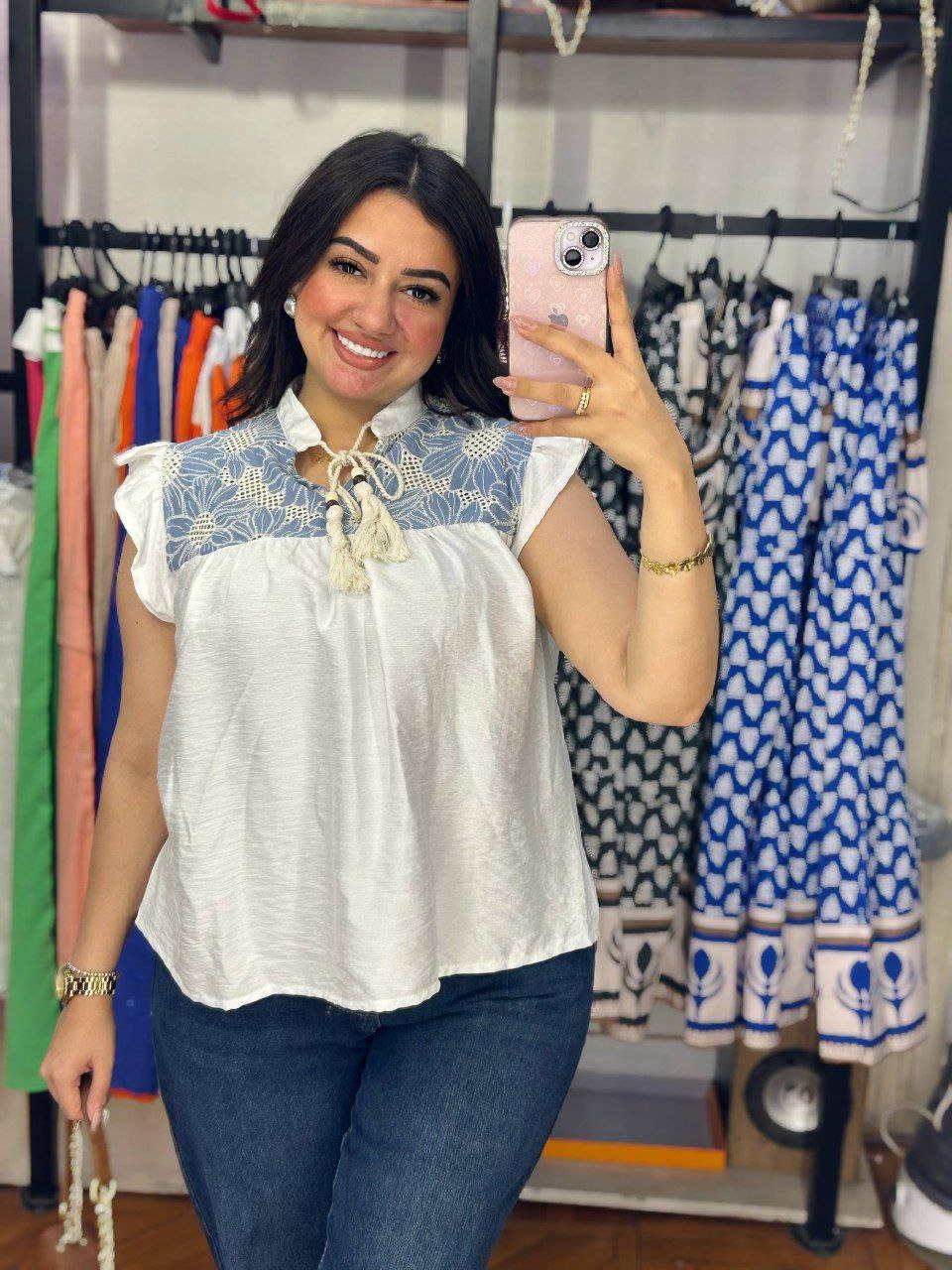 Elegant Half-Sleeve Blouse with Chest Rokama Detail