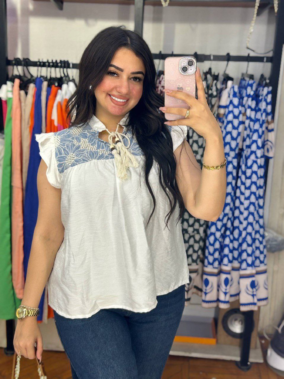 Elegant Half-Sleeve Blouse with Chest Rokama Detail