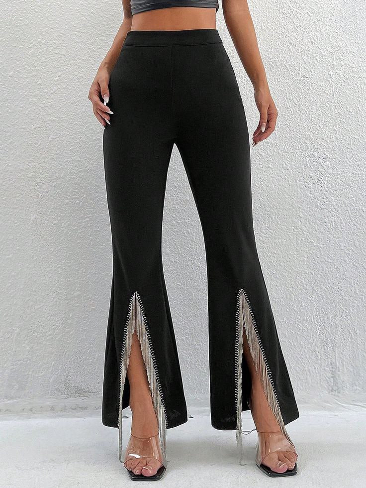 Front-Slit Flared Leggings with Chains – Bold & Trendy