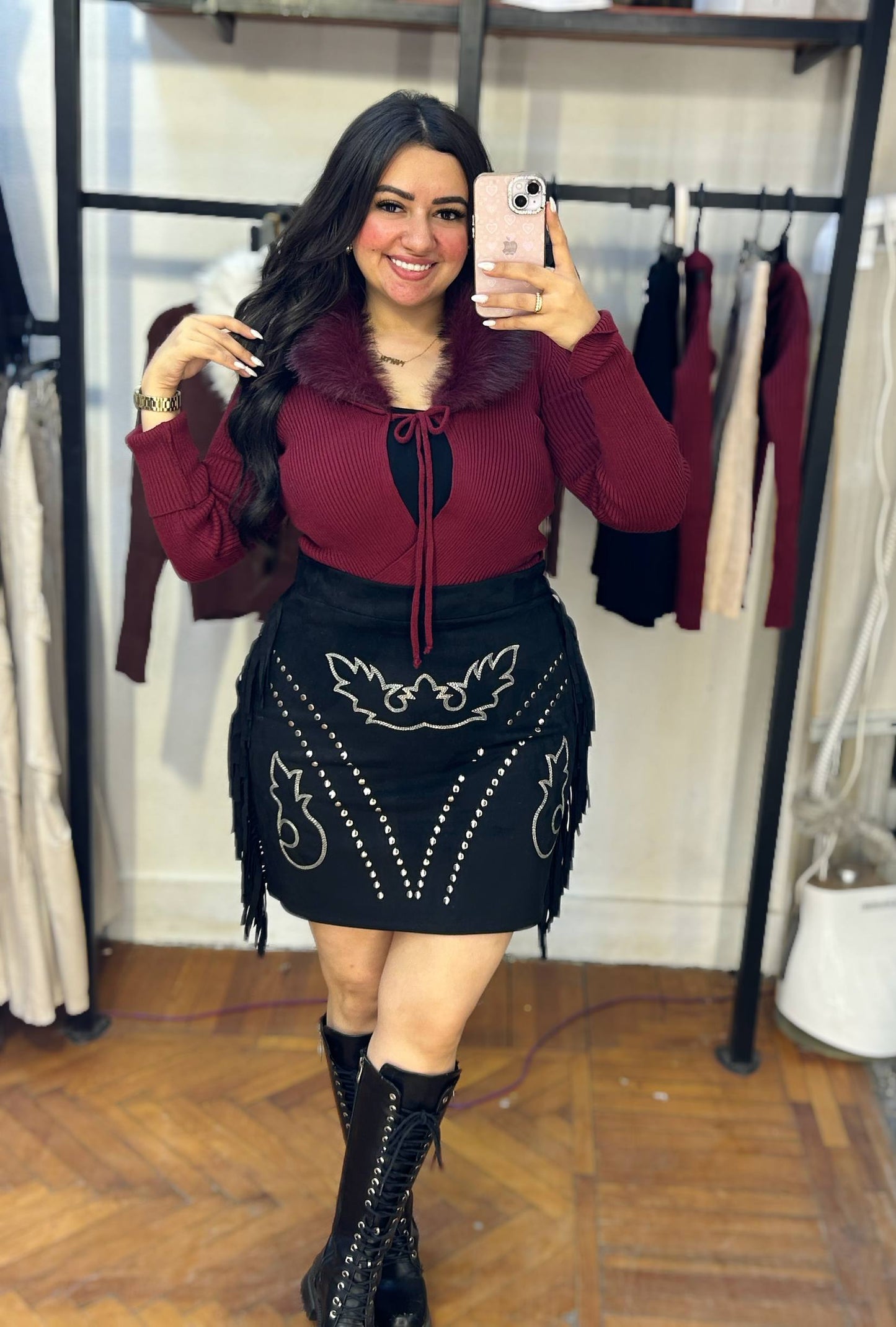 short Skirt with Embroidery and Side Fringes