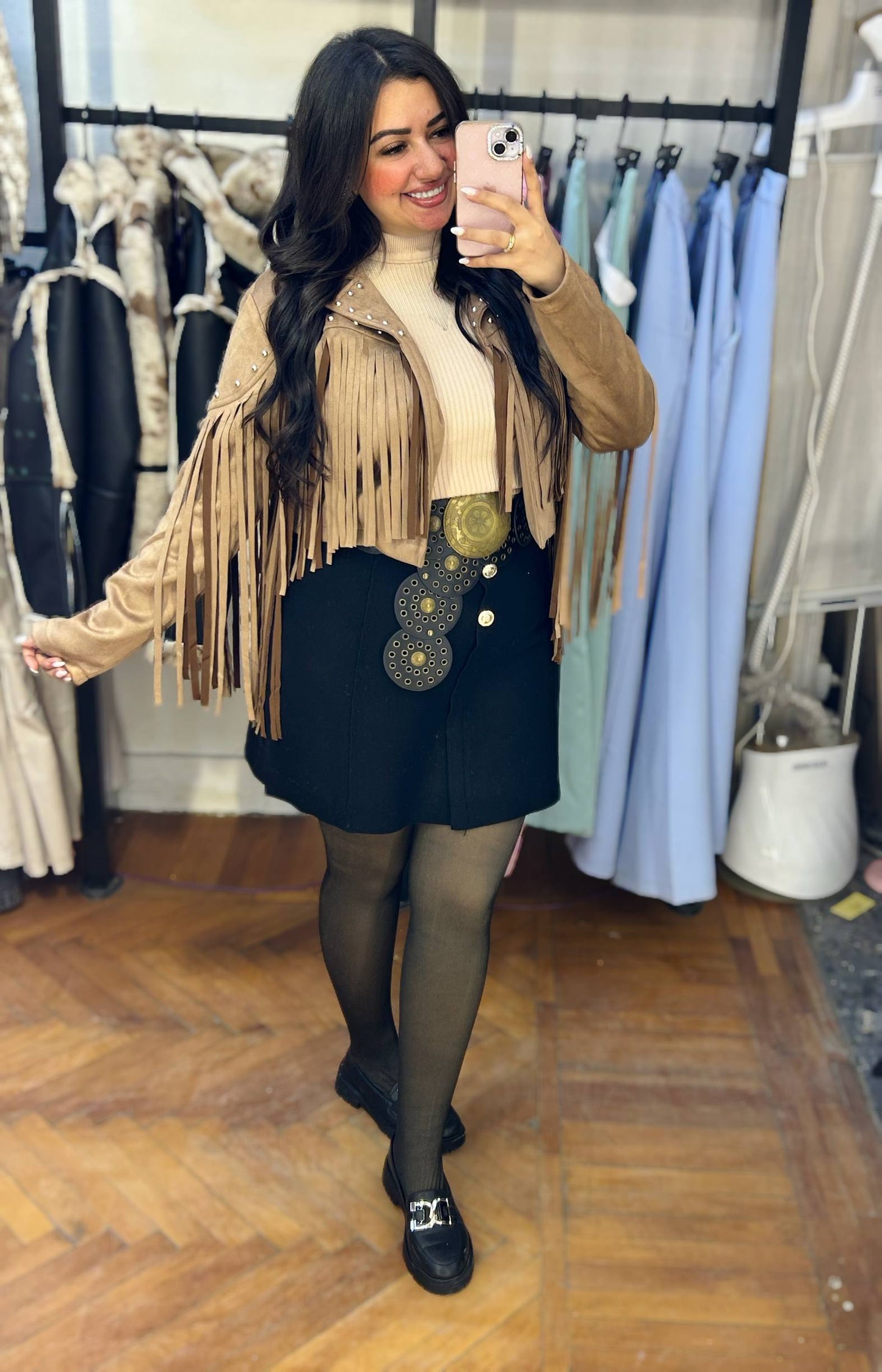 Suede Jacket with Fringe Details