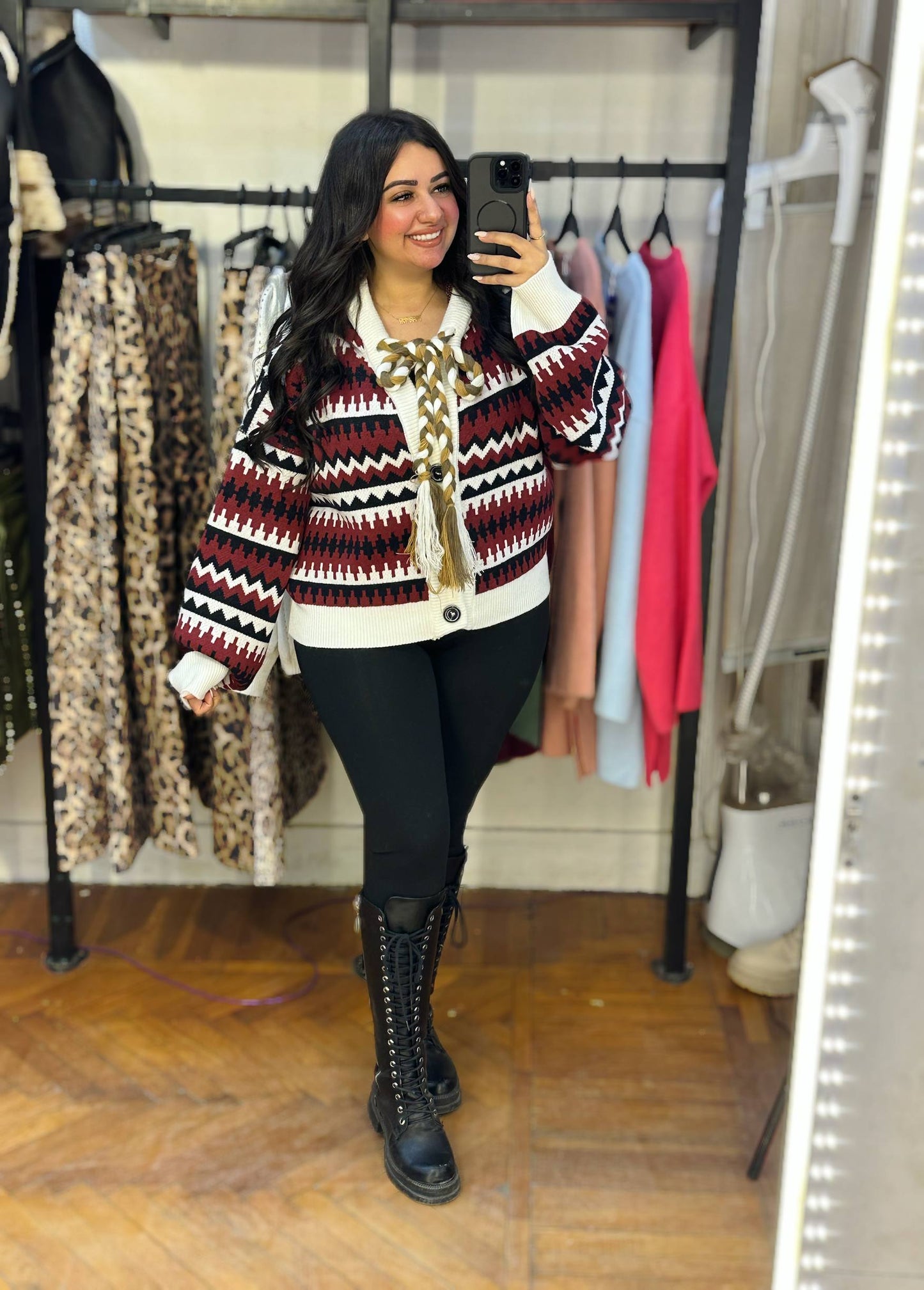Patterned Knitted Button-Up Cardigan