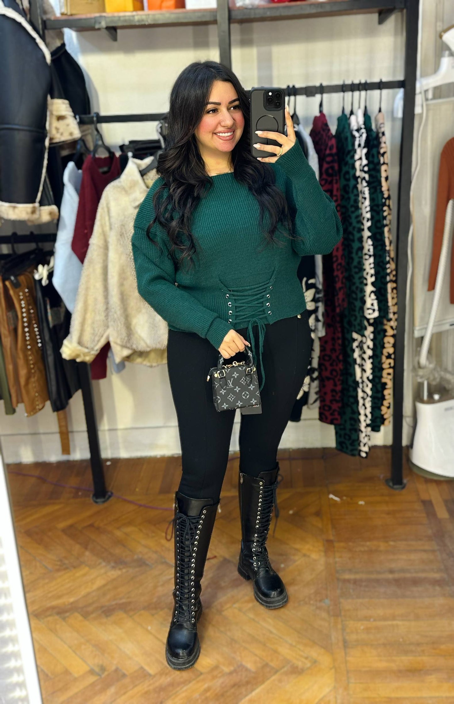 Knitted Sweater with Front Lace-Up Detail