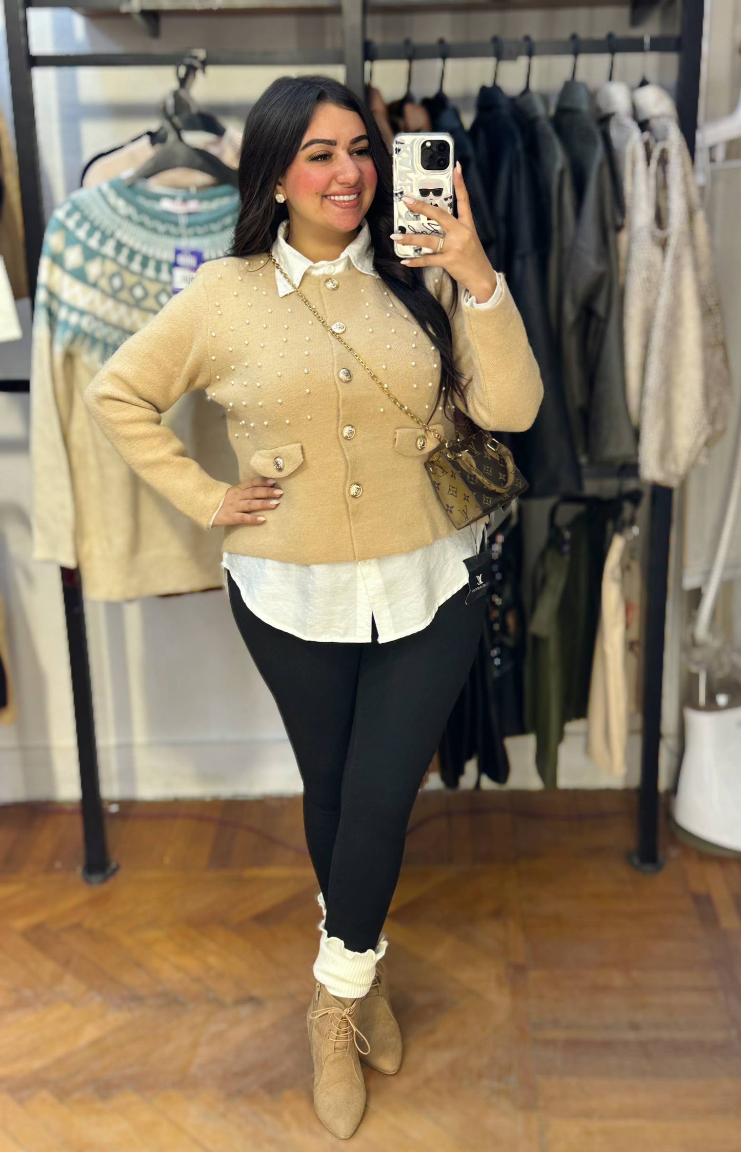 Gold Button Knit Pullover with Pearl Side Details