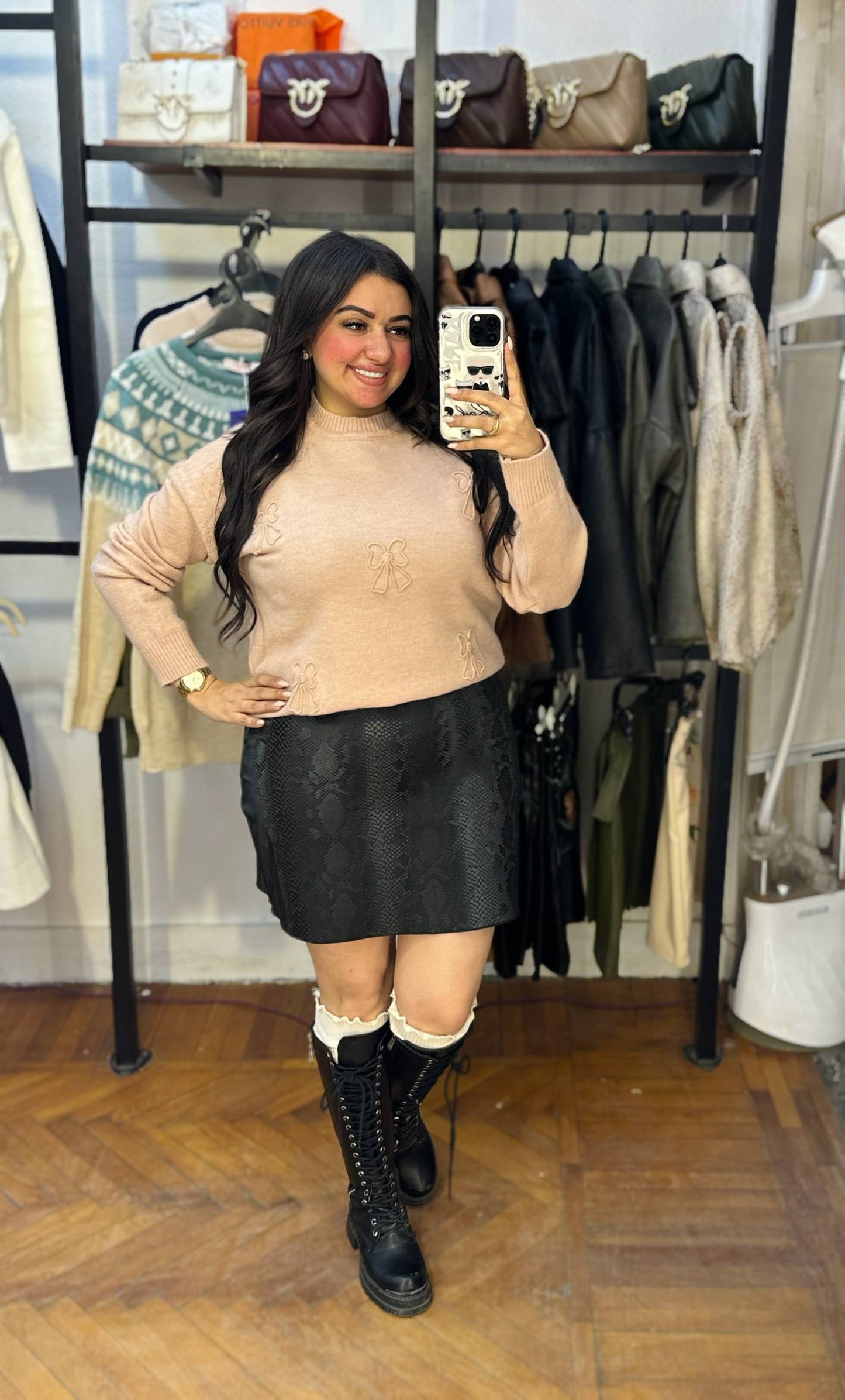 Knitted Sweater with Raised Bow Detail