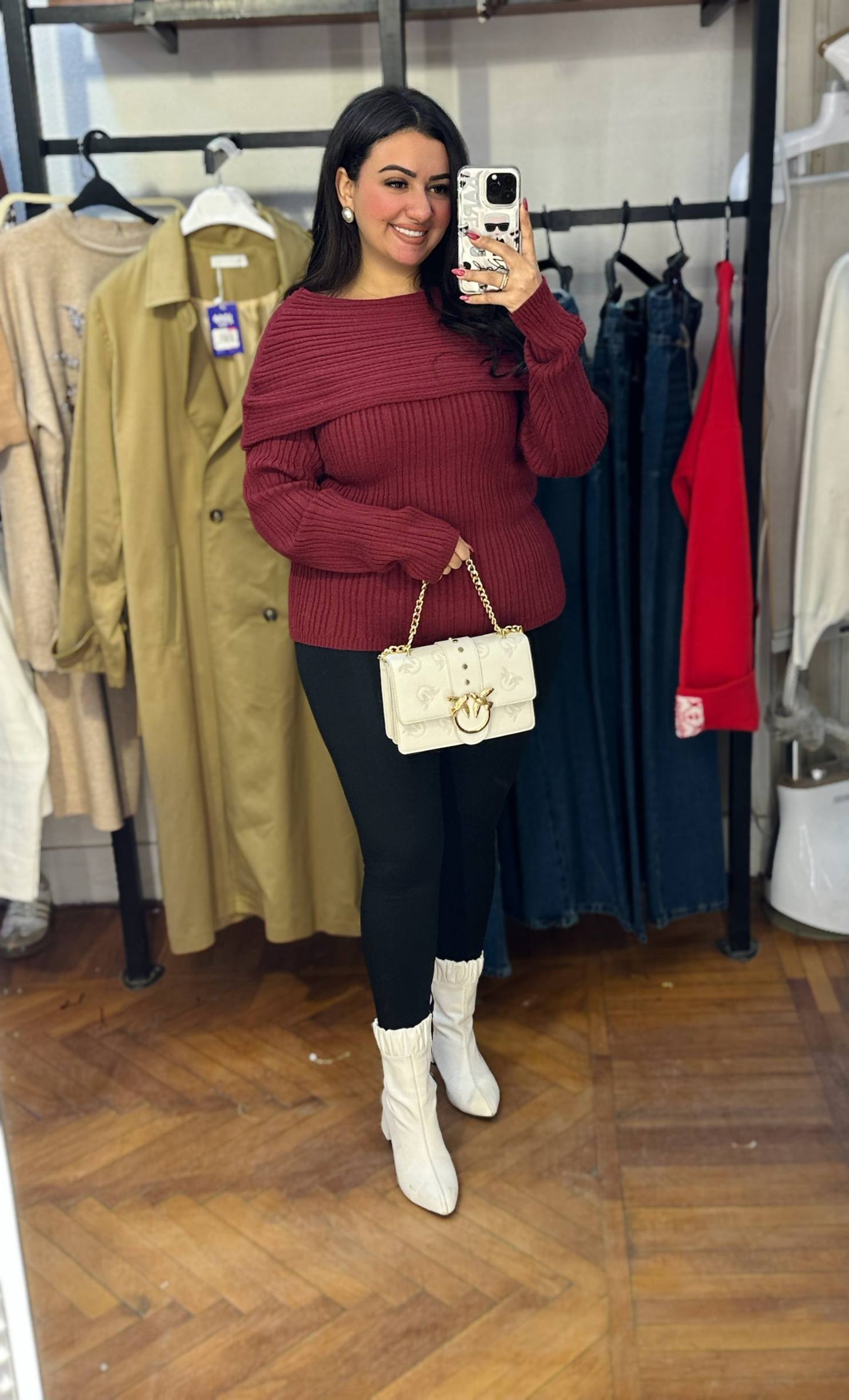 Ribbed Knit Sweater with Convertible Shoulder Neckline