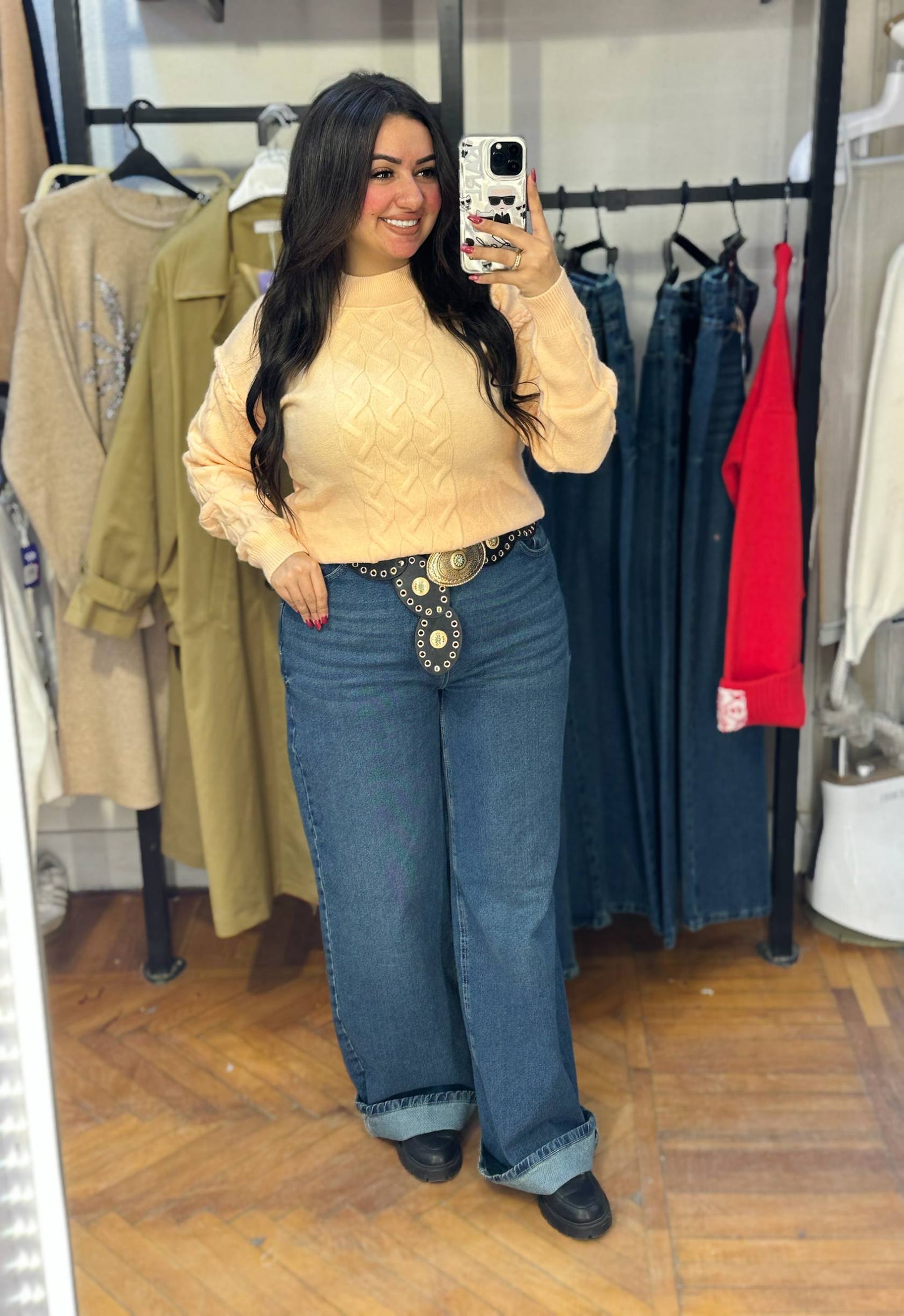 Cable Knit Front Sweater with Patterned Sleeves