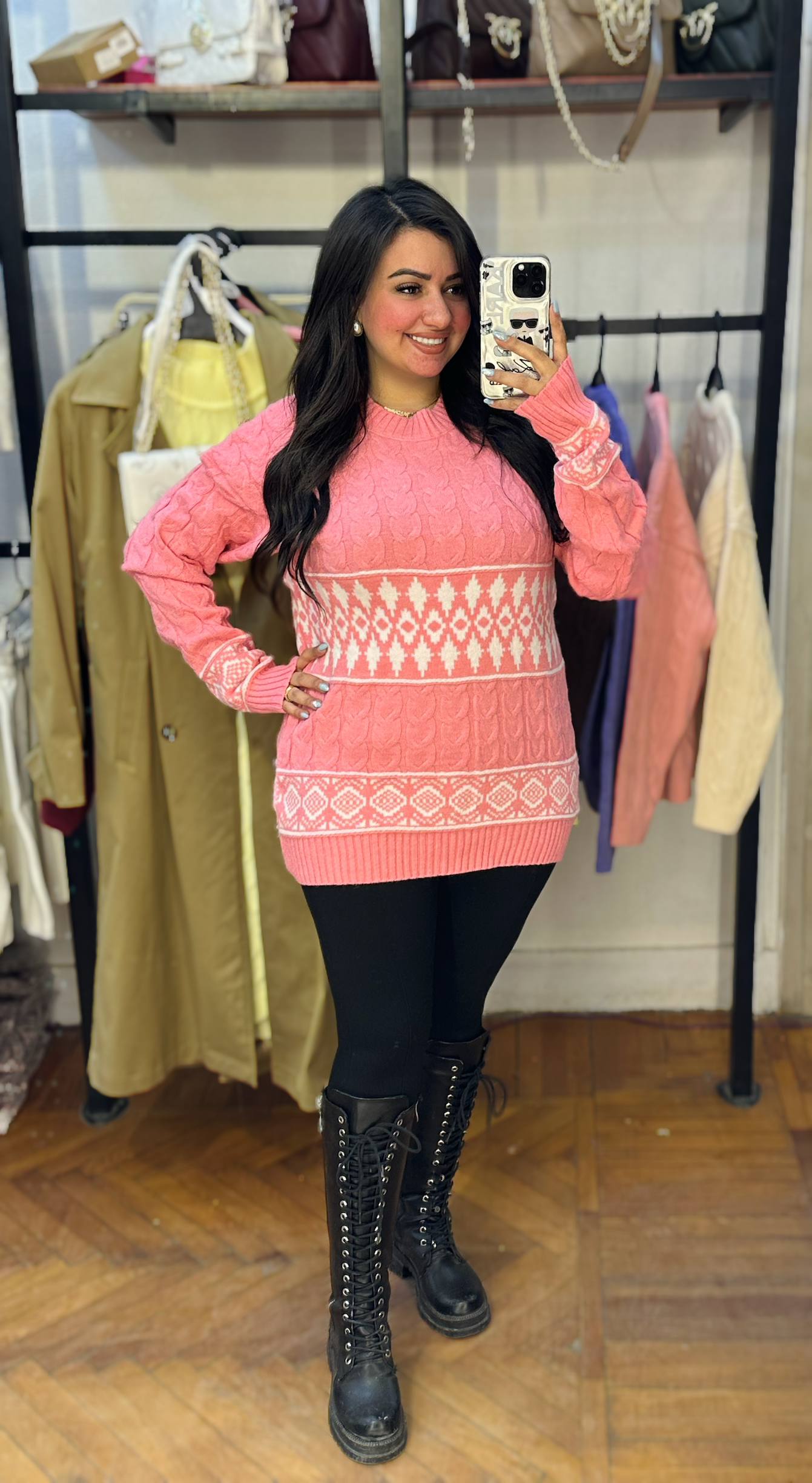 Patterned Knit Sweater with Textured Details