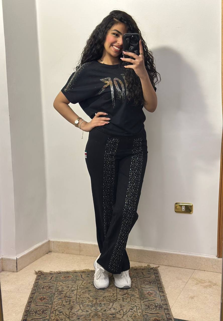 Two-Piece Rhinestone "Rock" Set with Wide-Leg Pants