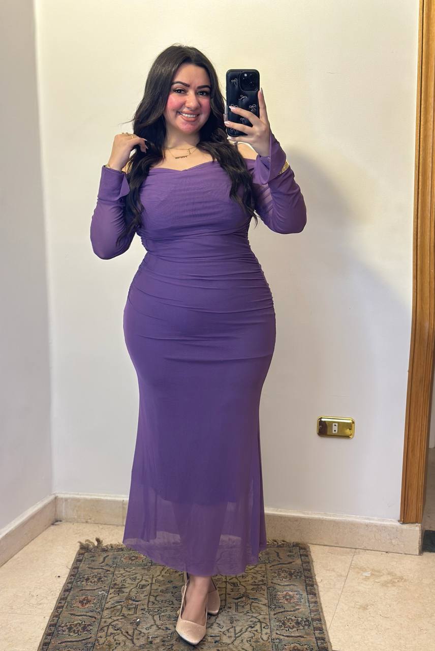 The-Shoulder Mesh Midi Dress with Flared Cuffs